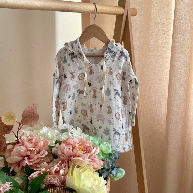 Bluza cu gluga din muselină pentru copii, Animalute – bumbac 100% (1)